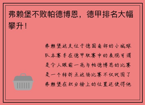 弗赖堡不败帕德博恩,德甲排名大幅攀升!